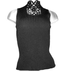 Cabo Black Ribbed Sleeveless Top Crochet Neckline